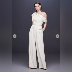 DB Studio One-Shoulder Crepe Ivory Wedding Jumpsuit Romper with Bow NWT